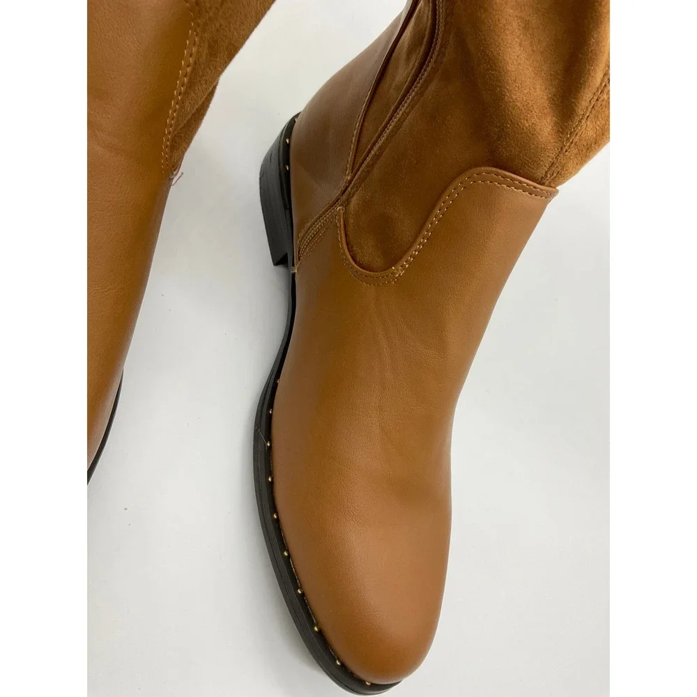 Bamboo Preppy-14M Over The Knee Boots Womens 8 Cognac Brown Faux Suede Studded